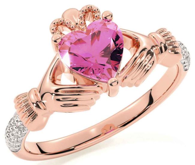 Diamond Pink Tourmaline Rose Gold Silver Claddagh Ring