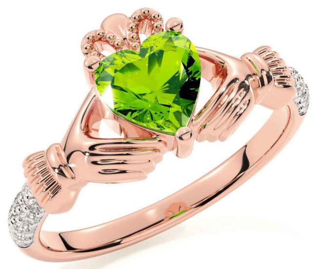 Diamond Peridot Rose Gold Silver Claddagh Ring