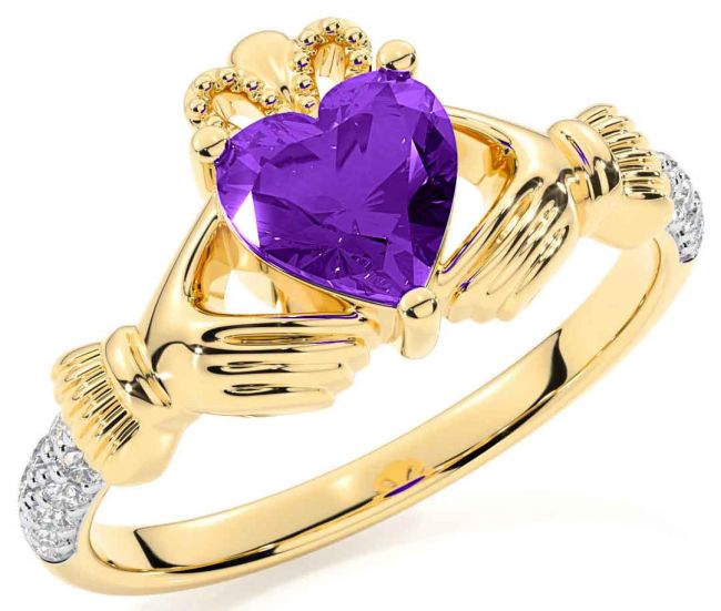 Diamond Amethyst Gold Silver Claddagh Ring