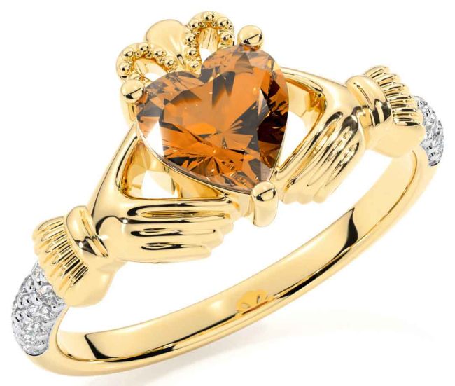 Diamond Citrine Gold Silver Claddagh Ring