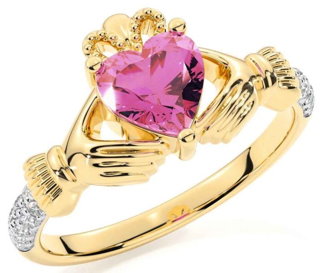 Diamond Pink Tourmaline Gold Silver Claddagh Ring