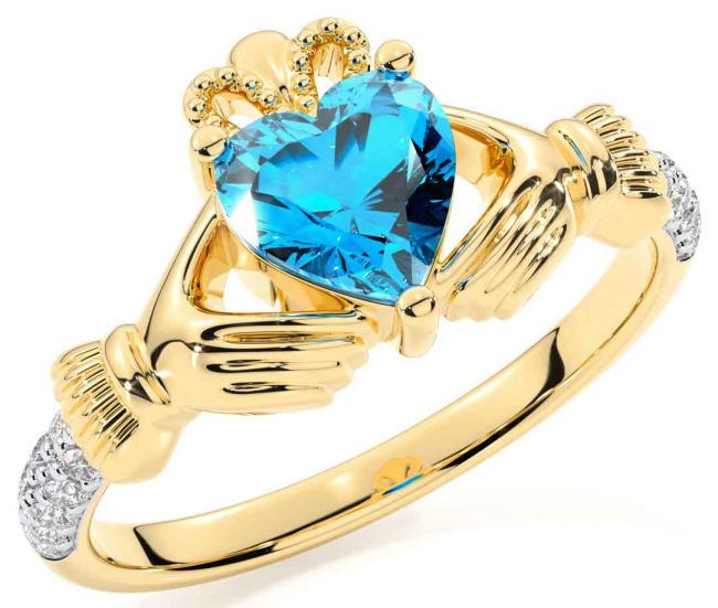 Diamond Topaz Gold Silver Claddagh Ring