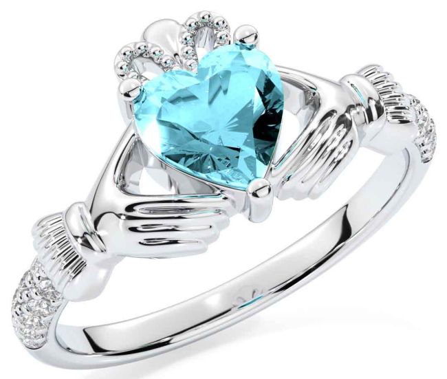 Diamond Aquamarine Silver Claddagh Ring