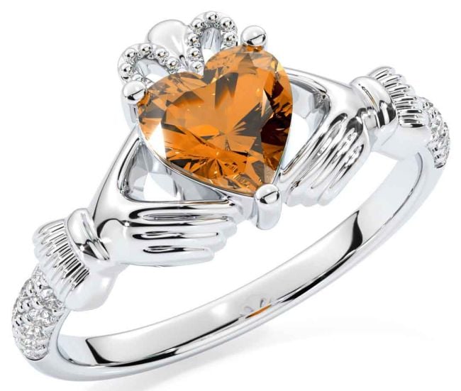 Diamond Citrine Silver Claddagh Ring