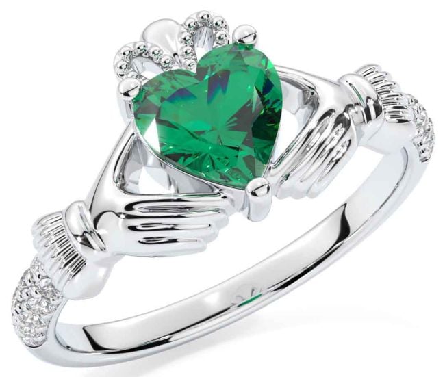 Diamond Emerald Silver Claddagh Ring