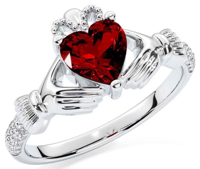 Diamond Garnet Silver Claddagh Ring