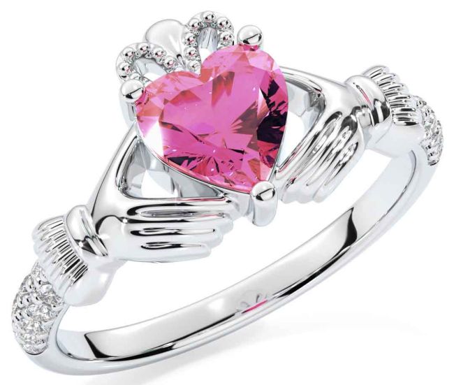 Diamond Pink Tourmaline White Gold Claddagh Ring