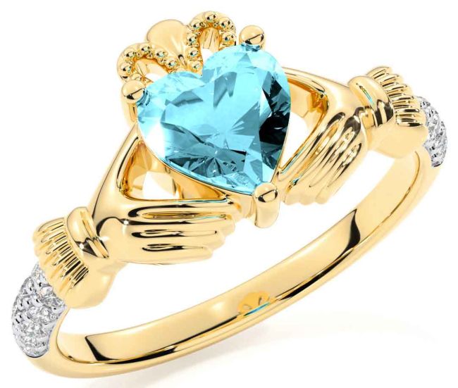 Diamond Aquamarine Gold Claddagh Ring