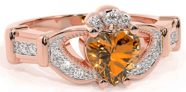 Diamond Citrine Rose Gold Silver Claddagh Ring