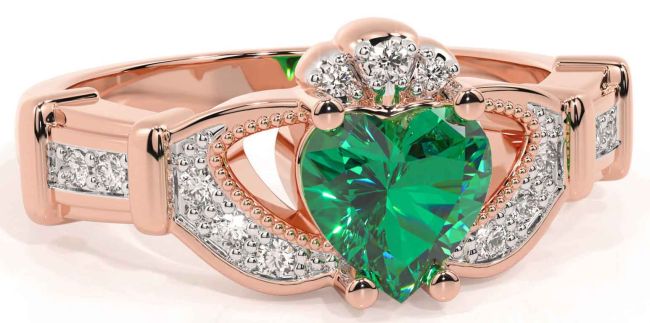 Diamond Emerald Rose Gold Silver Claddagh Ring