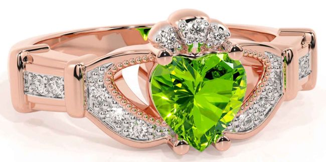 Diamond Peridot Rose Gold Silver Claddagh Ring