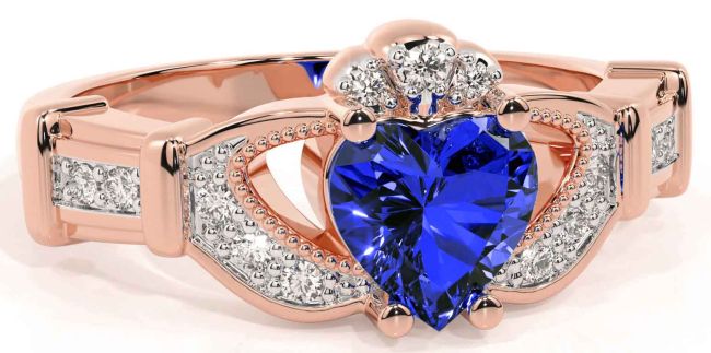 Diamond Sapphire Rose Gold Silver Claddagh Ring