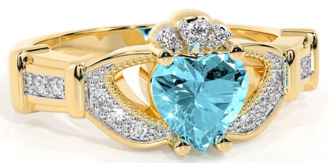 Diamond Aquamarine Gold Silver Claddagh Ring