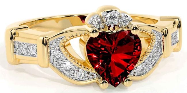 Diamond Garnet Gold Silver Claddagh Ring