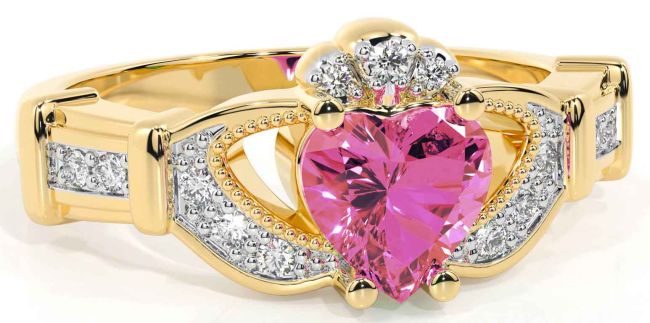 Diamond Pink Tourmaline Gold Silver Claddagh Ring