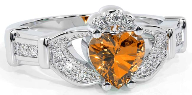 Diamond Citrine Silver Claddagh Ring