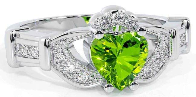 Diamond Peridot Silver Claddagh Ring