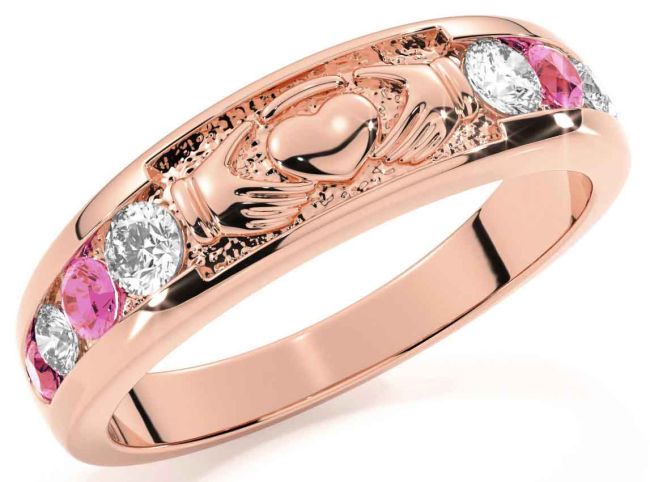 Pink Tourmaline Rose Gold Silver Claddagh Ring