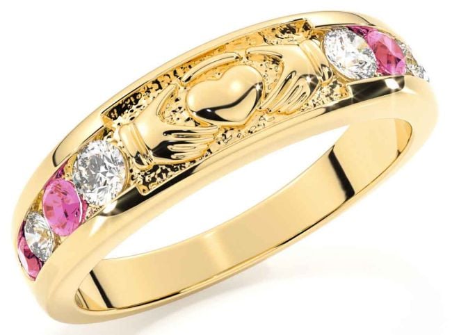 Pink Tourmaline Gold Silver Claddagh Ring