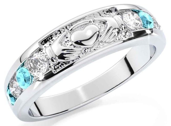 Aquamarine Silver Claddagh Ring