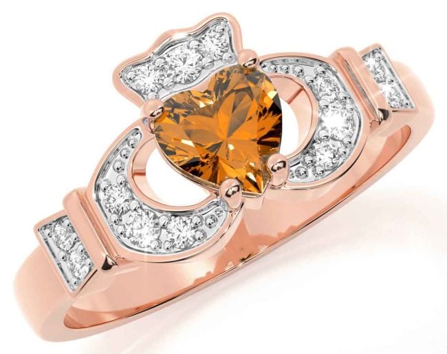 Diamond Citrine Rose Gold Silver Claddagh Ring