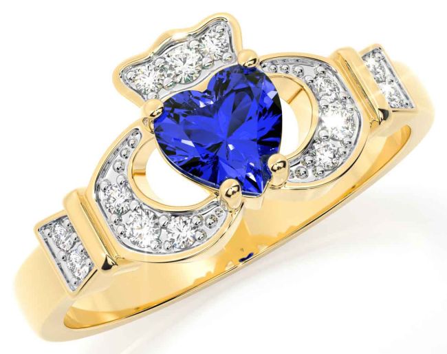 Claddagh Lab-Created Sapphire Ring in Solid 14K Yellow Gold 6