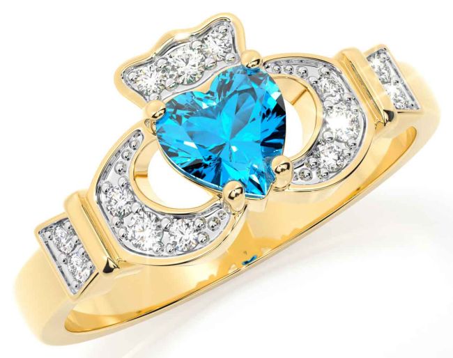 Diamond Topaz Gold Silver Claddagh Ring