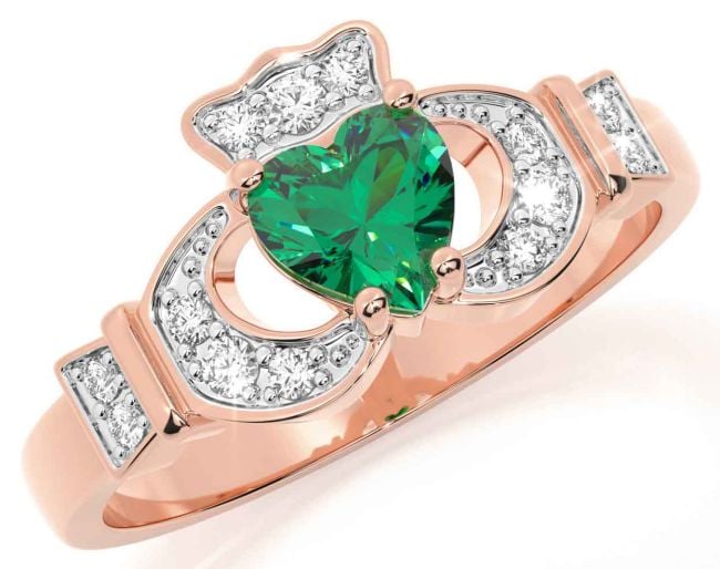 Diamant Emerald Ružové Zlato Claddagh Prsteň