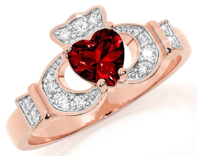 Diamond Garnet Rose Gold Claddagh Ring