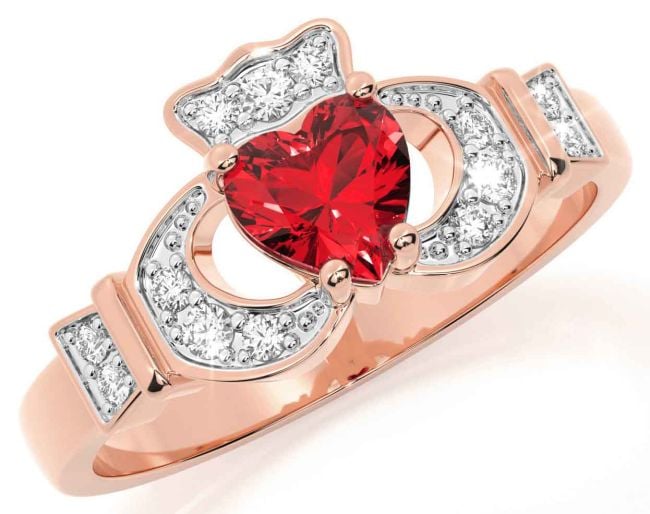 Diamond Ruby Rose Gold Claddagh Ring