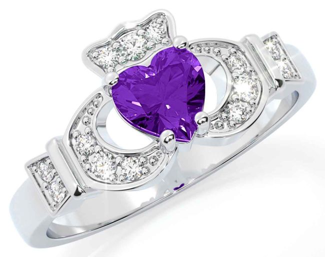 Diamond Amethyst Silver Claddagh Ring