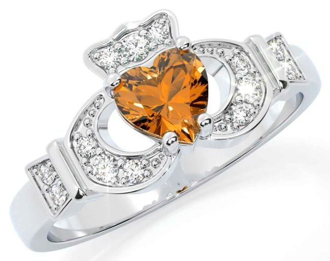 Diamond Citrine Silver Claddagh Ring