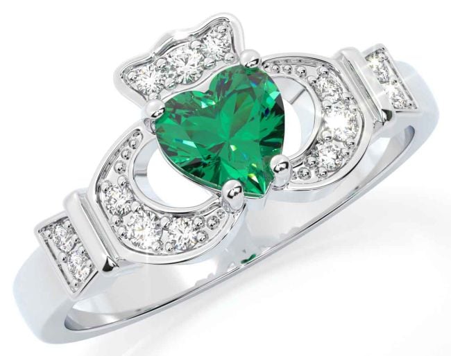 Diamond Emerald Silver Claddagh Ring