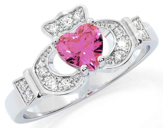 Diamond Pink Tourmaline Silver Claddagh Ring