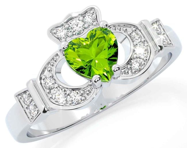 Diamond Peridot Silver Claddagh Ring