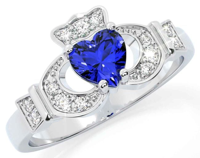 Diamond Sapphire Silver Claddagh Ring