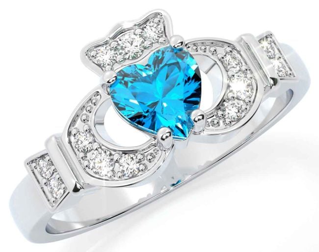 Diamond Topaz Silver Claddagh Ring