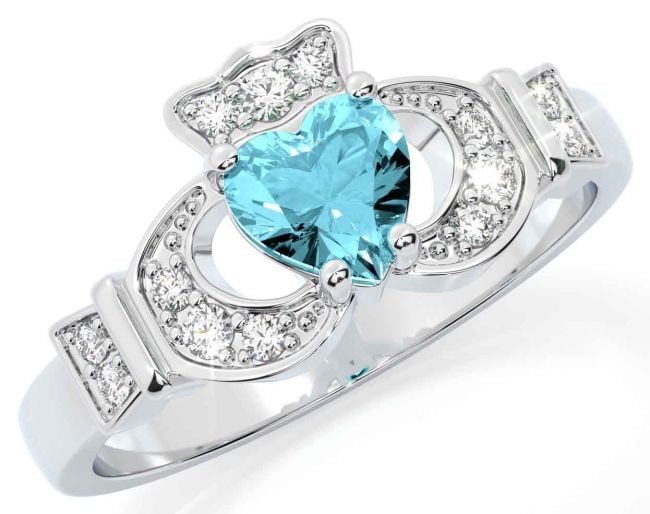 Diamond Aquamarine White Gold Claddagh Ring