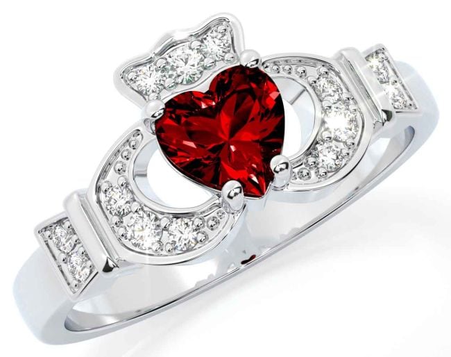 Diamond Garnet White Gold Claddagh Ring