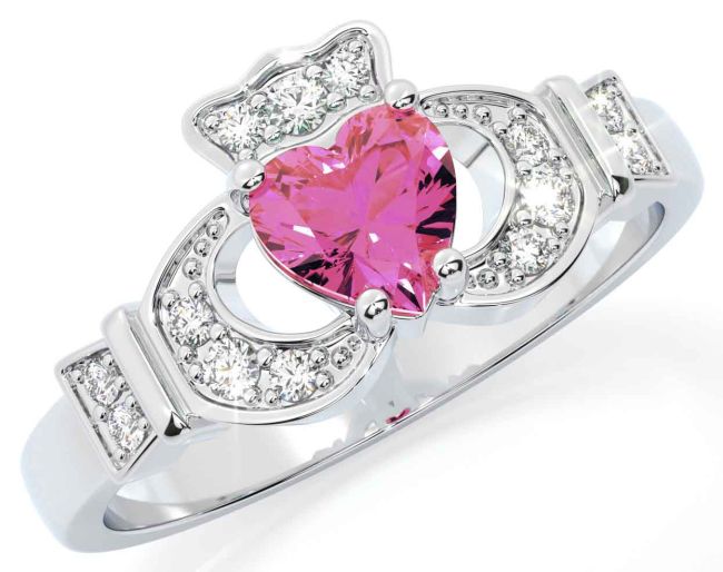 Diamond Pink Tourmaline White Gold Claddagh Ring