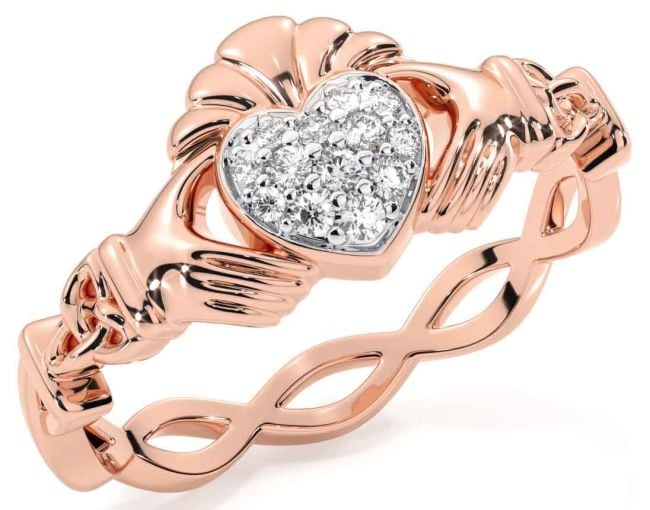 Diamond Rose Gold Silver Claddagh Ring
