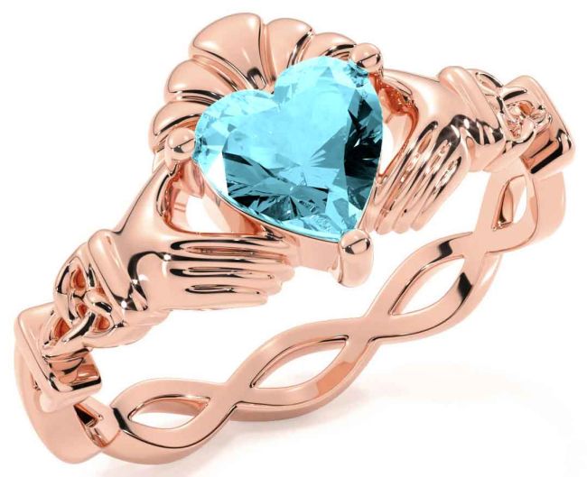 Aquamarine Rose Gold Silver Claddagh Ring