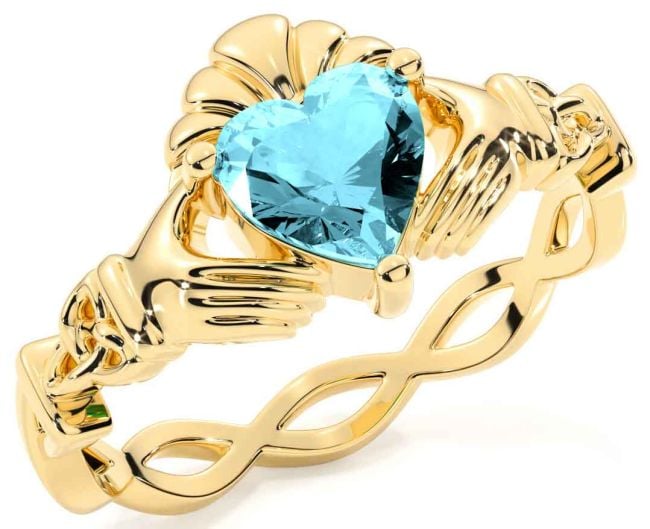 Aquamarine Gold Silver Claddagh Ring