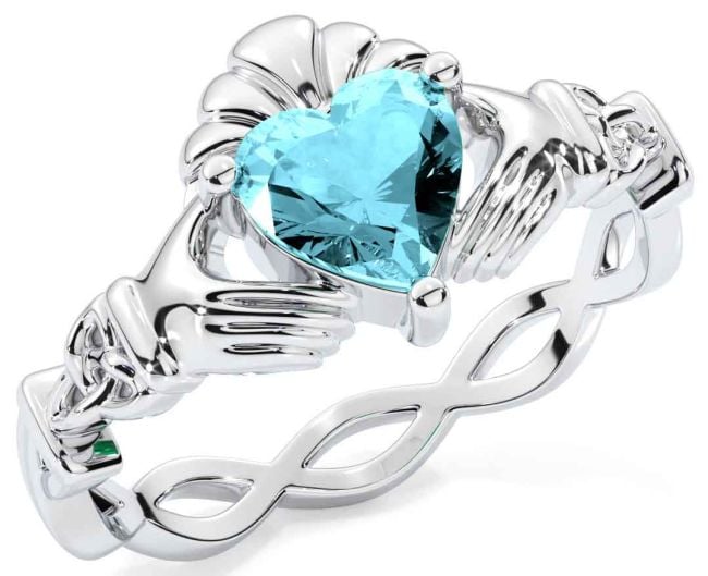 Aquamarine White Gold Claddagh Ring