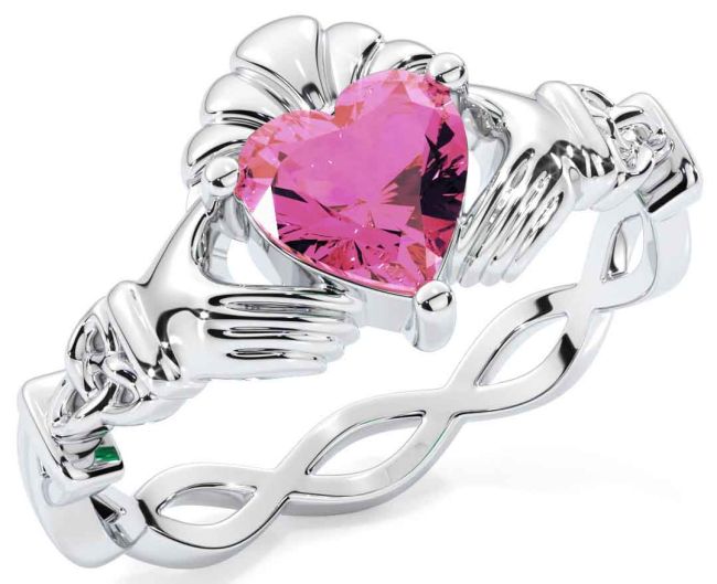 Pink Tourmaline White Gold Claddagh Ring