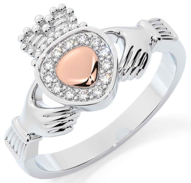 Diamond Rose Gold Silver Claddagh Ring