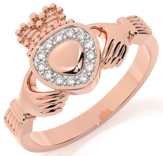 Diamond Rose Gold Silver Claddagh Ring