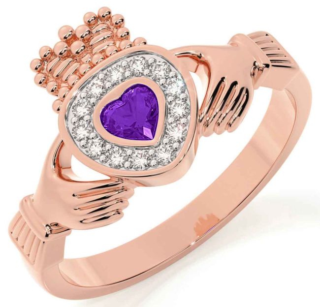 Diamond Amethyst Rose Gold Silver Claddagh Ring