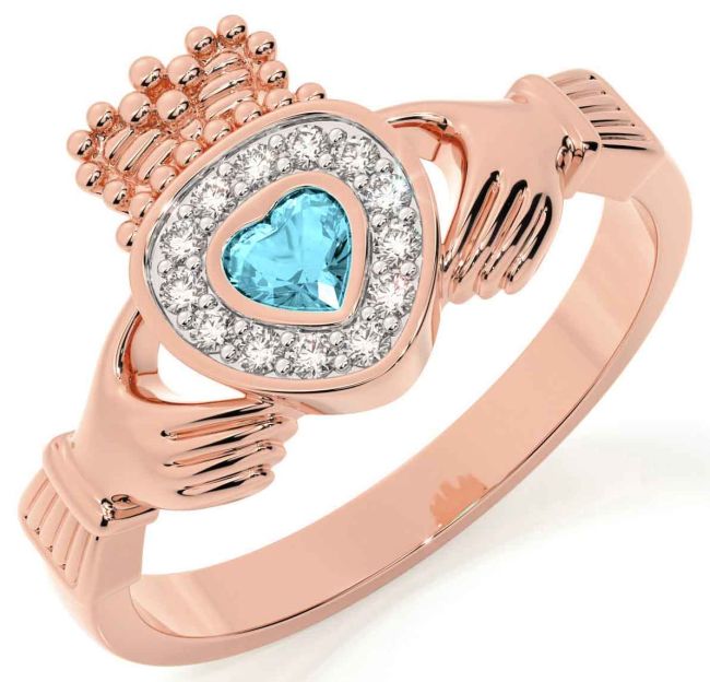 Diamond Aquamarine Rose Gold Silver Claddagh Ring