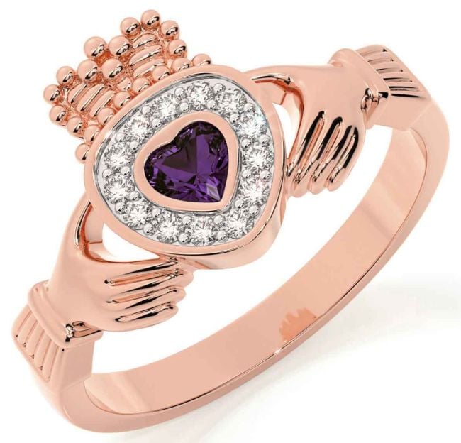 Diamond Alexandrite Rose Gold Silver Claddagh Ring